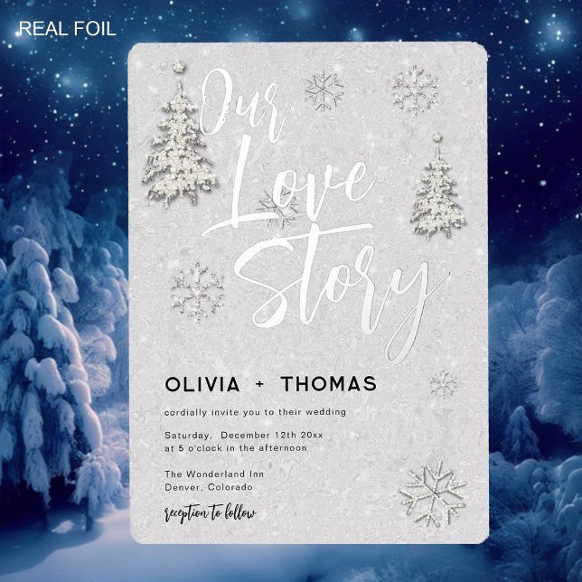 Love Story Winter Wonderland Snowflakes Wedding Foil Invitation (winter wonderland snowflakes pine trees love story wedding invitation elegant romantic silver foil)