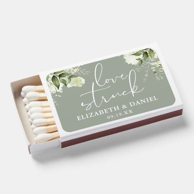 Love Struck Greenery Sage Green Wedding Favor Matchboxes (Front Open)