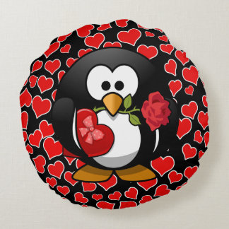 Love Struck Penguin Valentine Round Pillow