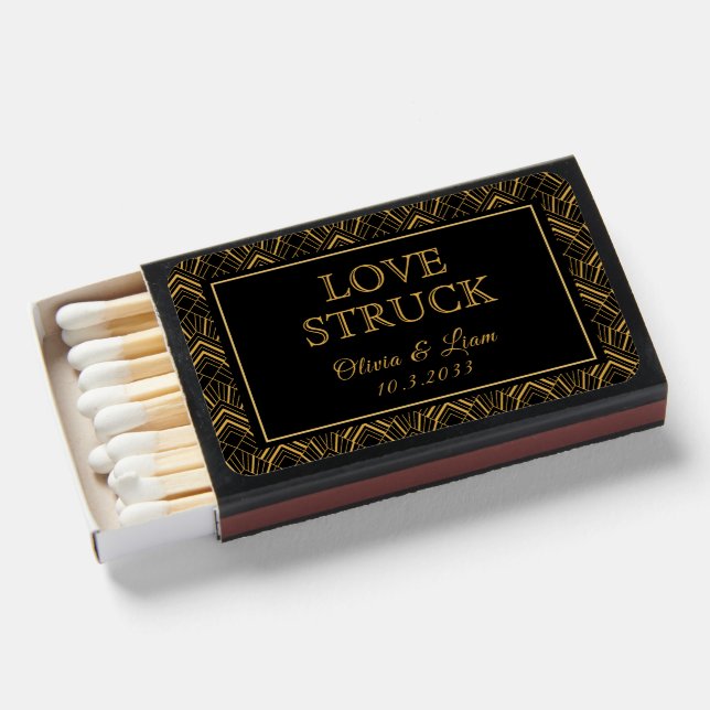 Love Struck Personalized Art Deco Wedding Favor Matchboxes (Front Open)