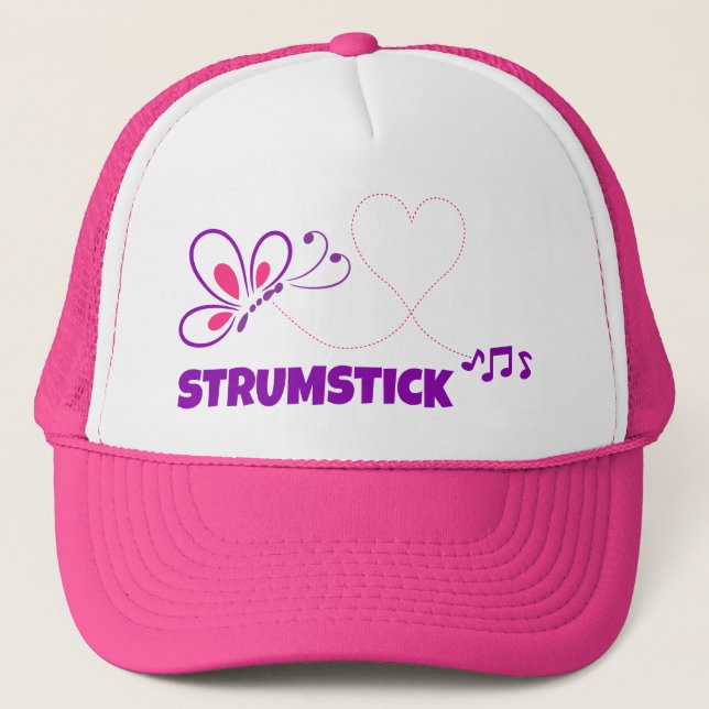 Love Strumstick Pink Purple Butterfly Heart Trucker Hat (Front)