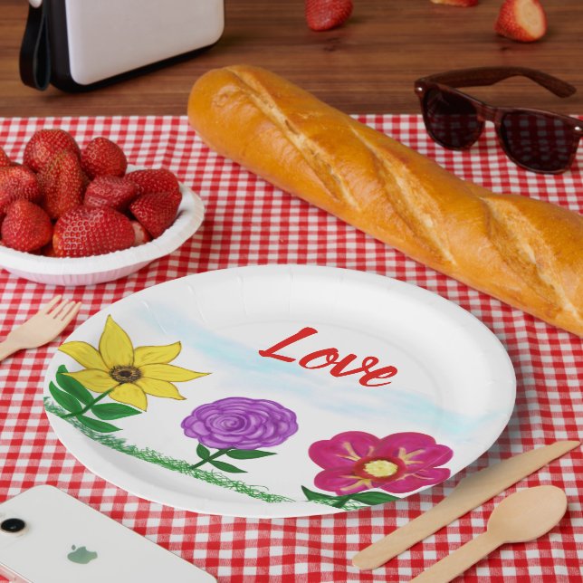 Love Summer Flowers Yellow Purple Pink Florals Paper Plates (Picnic)