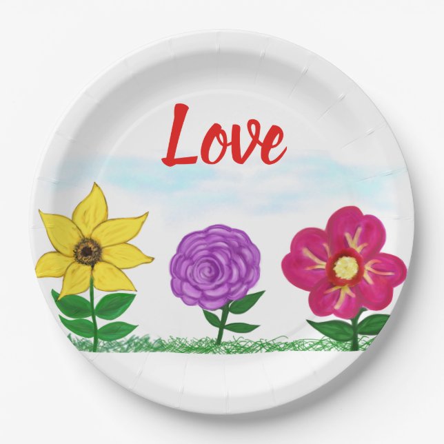 Love Summer Flowers Yellow Purple Pink Florals Paper Plates (Front)
