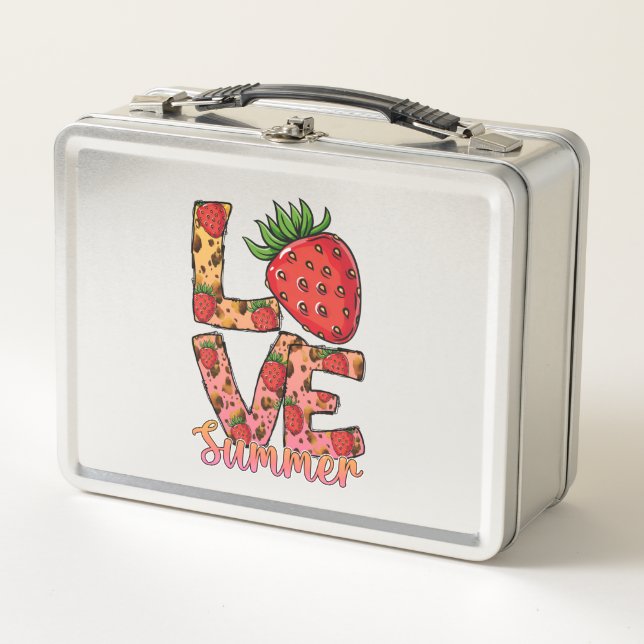 Love & Summer | Pink & Brown | Fresh Strawberry Metal Lunch Box (Front)