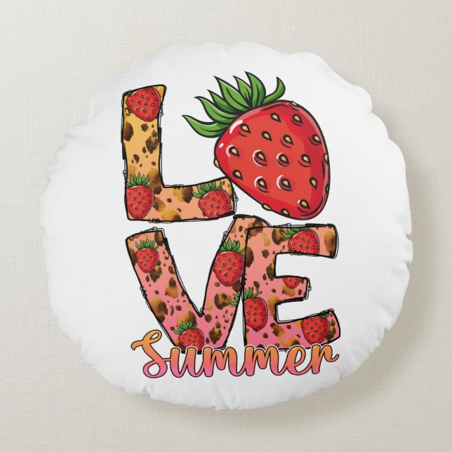 Love & Summer | Pink & Brown | Fresh Strawberry Round Pillow (Front)
