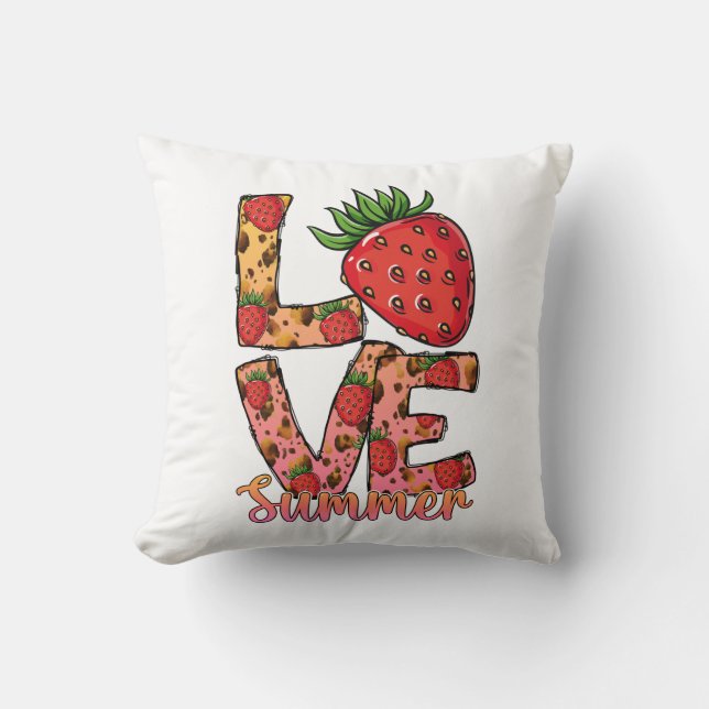 Love & Summer | Pink & Brown | Fresh Strawberry Throw Pillow (Front)