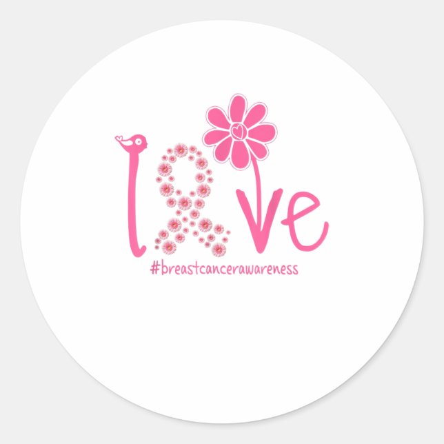 LOVE Sunflower Pink Ribbon Breast Cancer Awa Classic Round Sticker (Front)