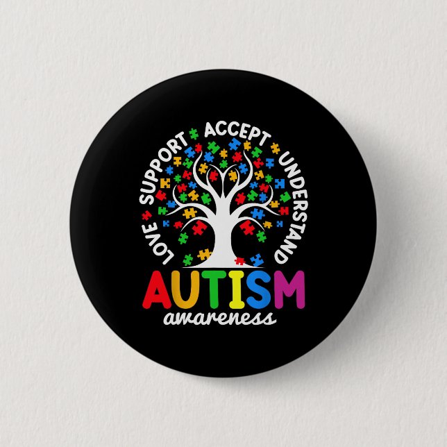 Love Support Accept Understand Puzzle Tree Autism  Button (Front)