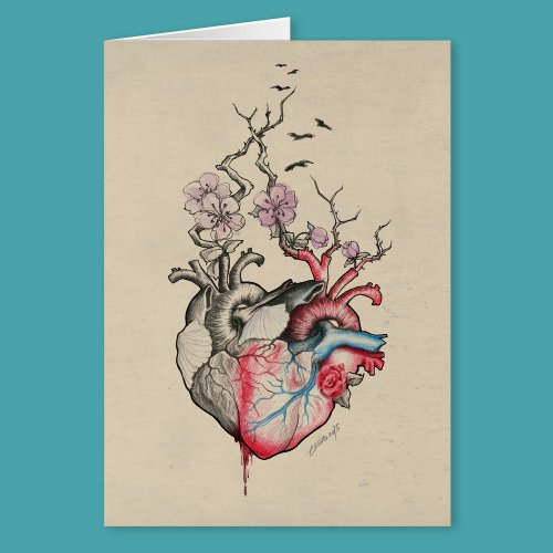 Love Surreal Anatomical heart Flowers Vintage Card