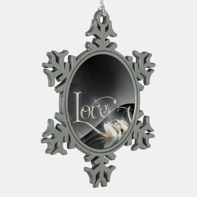 Love Swans Wedding Snowflake Pewter Christmas Ornament (Left)