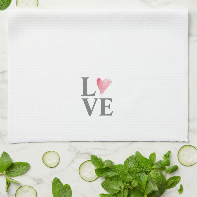 LOVE Sweet Pink Watercolor Heart Valentine Art Kitchen Towel (Folded)