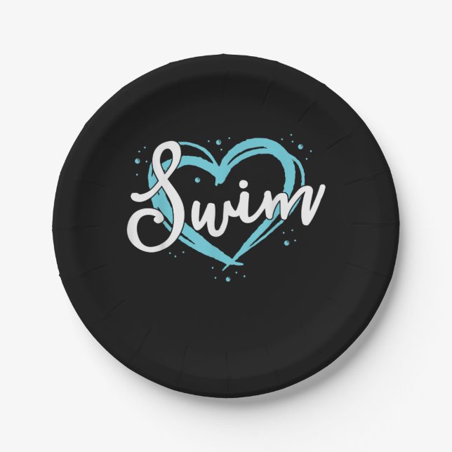 Love Swimming Swim Team  Heart Lover Blue Swimmer Paper Plates (Front)