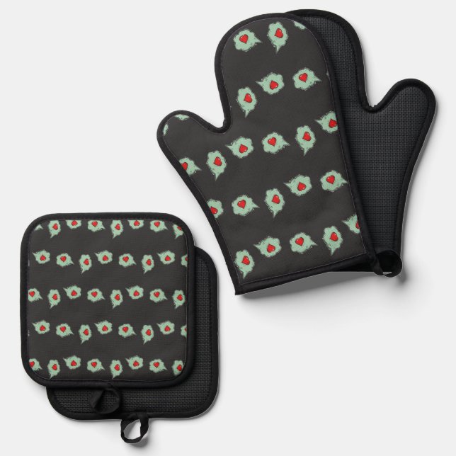 Love talk pattern on gray oven mitt & pot holder set (Front/Back)
