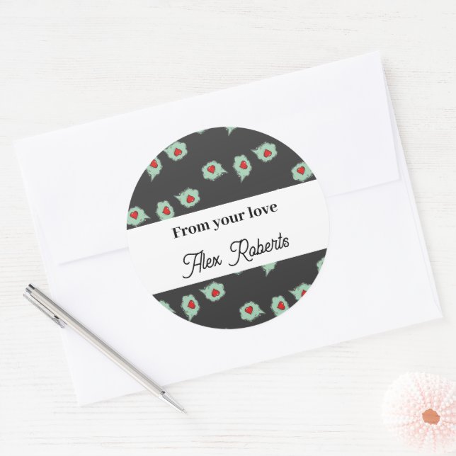 Love talks pattern on gray classic round sticker (Envelope)