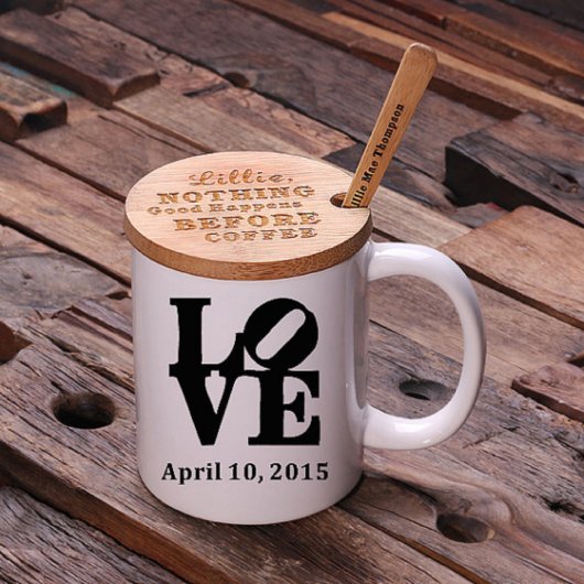 Love Tea Set: Bamboo Lid, Teaspoon & Ceramic Mug (Front Top)