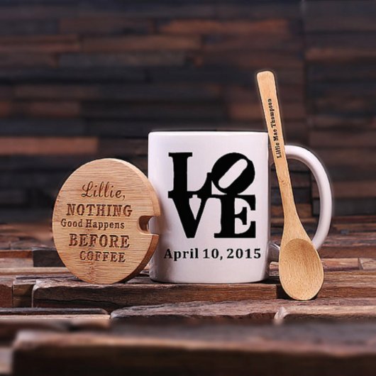 Love Tea Set: Bamboo Lid, Teaspoon & Ceramic Mug (Front)
