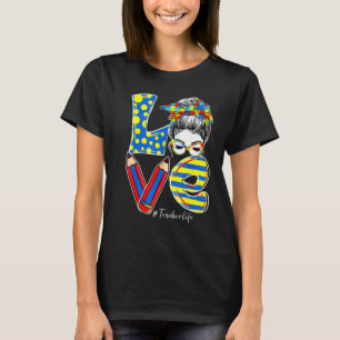 Love Teacher Life Autism Awareness Messy Bun Puzzl T-Shirt