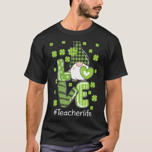 Love Teacher Life Gnome Leopard Shamrock St Patric T_Shirt