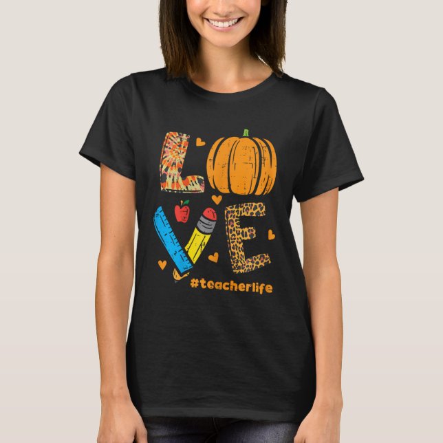 Love Teacher Pumpkin Leopard Fall Autumn Thanksgiv T-Shirt (Front)