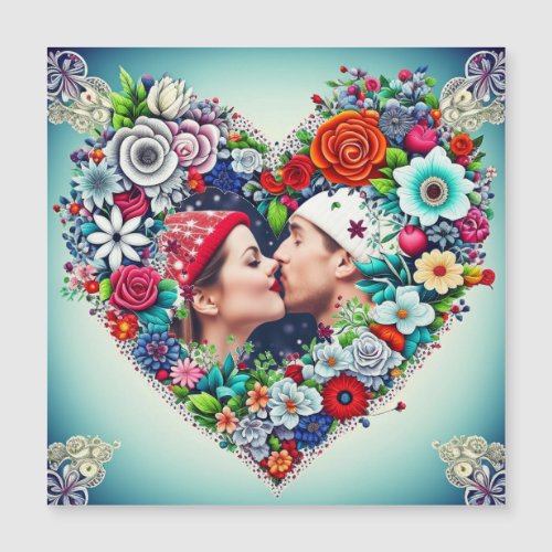 Love  Teal and Red Floral Heart with Couples Pic