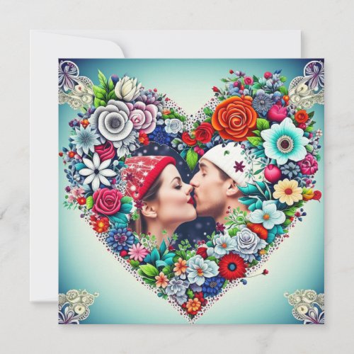 Love  Teal and Red Floral Heart with Couples Pic