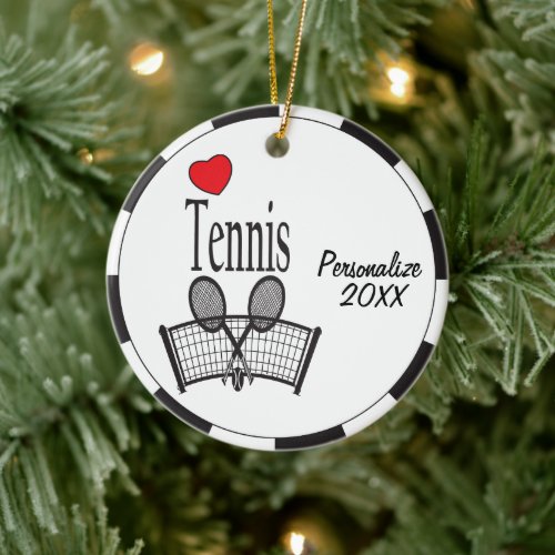 Love Tennis in Black and White Ceramic Ornament