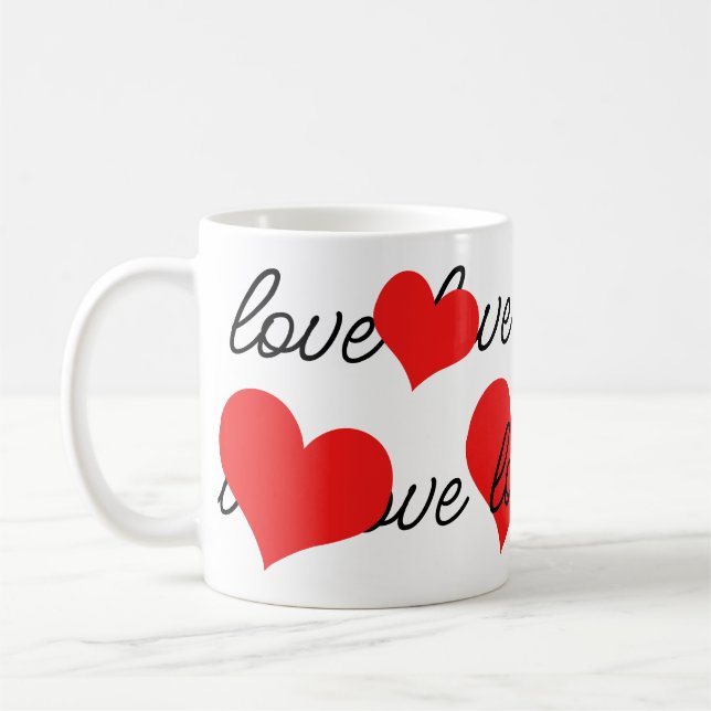 Love text and red hearts coffee mug (Left)