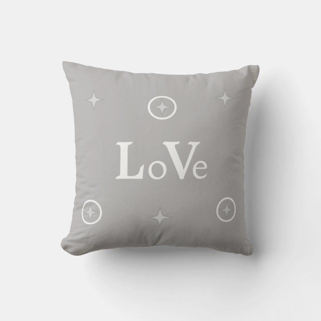Love Text and Stars on Gray Throw Pillow (Front)