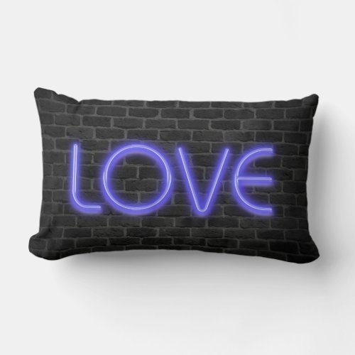 LOVE text in neon lights on brick Lumbar Pillow