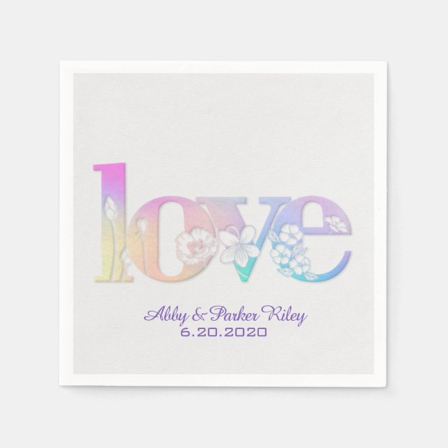 Love text in rainbow floral pattern paper napkins (Front)