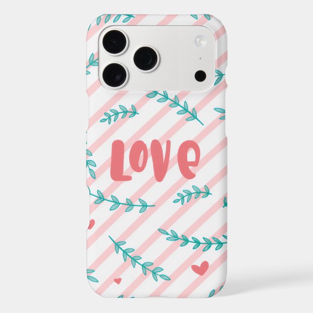 LOVE Text Pink Stripes Botanical Leaves iPhone Case (Back)