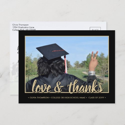 Love  Thanks 2 Photo Black and Gold Graduation Postcard