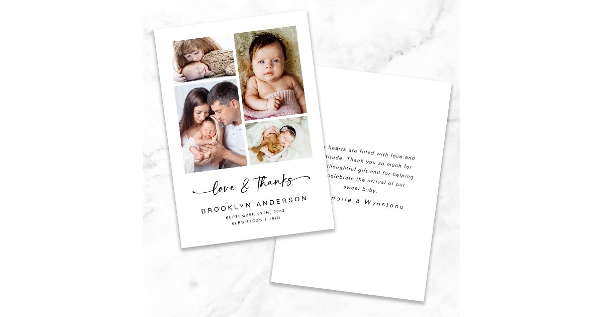Love & Thanks | 5x7 Modern Four Photo New Baby Thank You Card | Zazzle