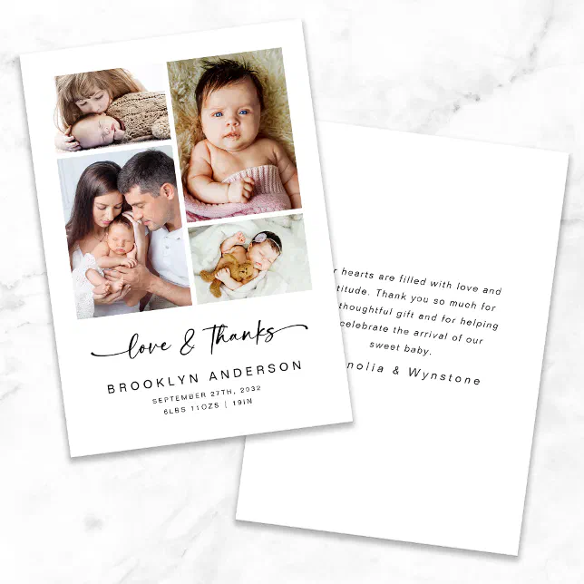 Love & Thanks | 5x7 Modern Four Photo New Baby Thank You Card | Zazzle
