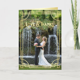 Love & Thanks Art Deco Gold Green Add Your Photo Letterpress Thank You Card