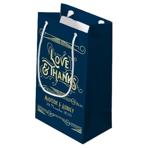 Love  Thanks Art Deco Wedding Gold Blue Favor Small Gift Bag
