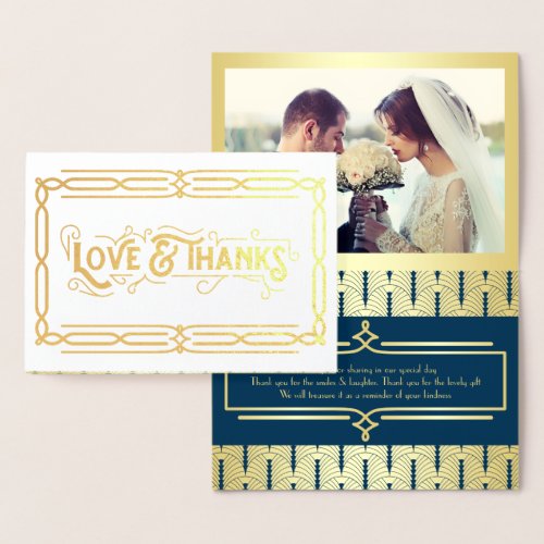 Love  Thanks Art Deco Wedding Gold Blue Photo Foil Card