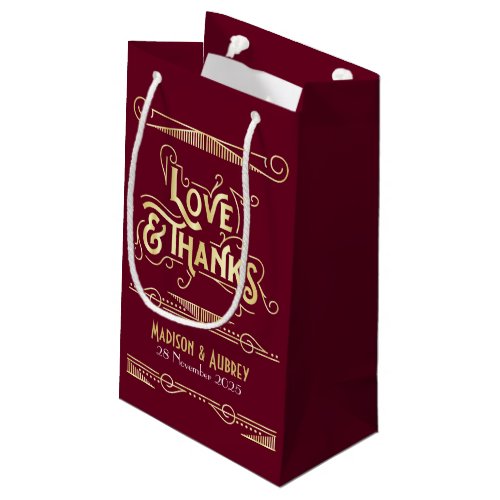 Love  Thanks Art Deco Wedding Gold Burgundy Favor Small Gift Bag