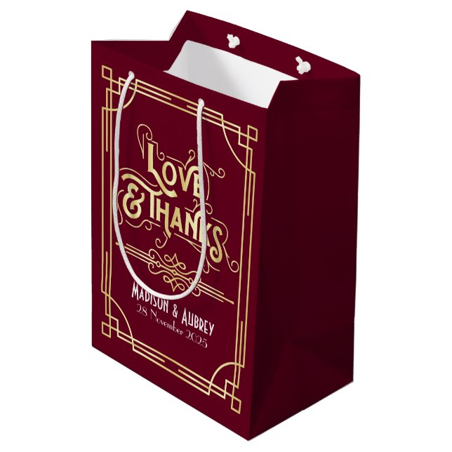 Love & Thanks Art Deco Wedding Gold Burgundy Medium Gift Bag (Back Angled)