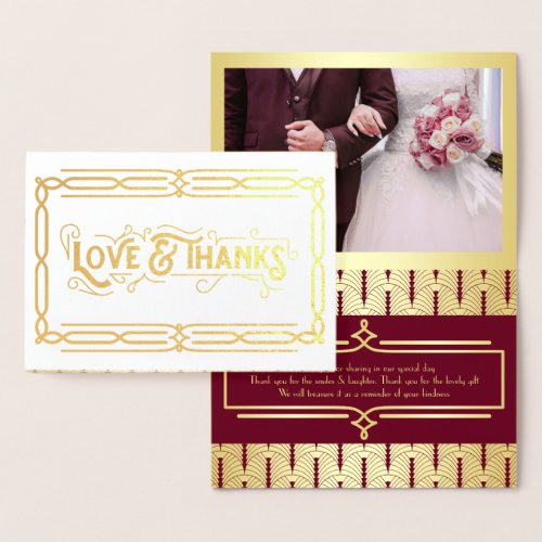Love  Thanks Art Deco Wedding Gold Burgundy Photo Foil Card