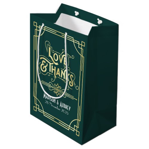 Love  Thanks Art Deco Wedding Gold Dark Green Medium Gift Bag