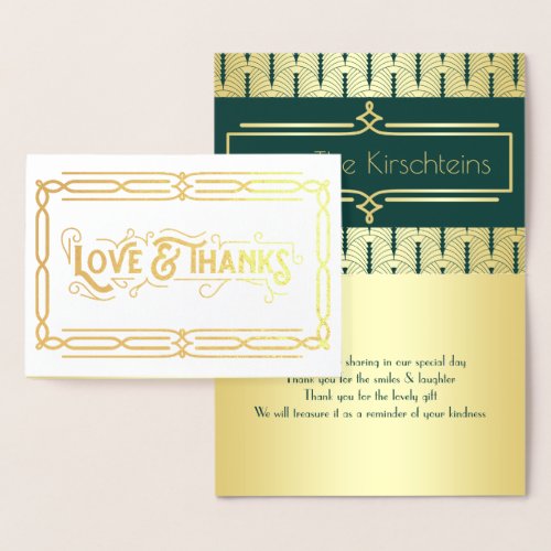 Love  Thanks Art Deco Wedding Gold Green Gatsby Foil Card
