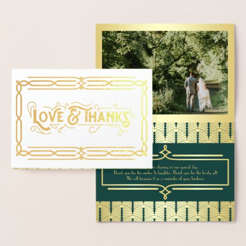 Love  Thanks Art Deco Wedding Gold Green Photo Foil Card
