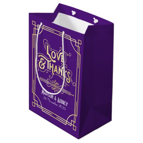 Love  Thanks Art Deco Wedding Gold Royal Purple Medium Gift Bag