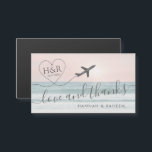 Love & Thanks Beach Wedding Favor Magnet<br><div class="desc">Beach destination wedding small mini magnet favor (the size of a business card) with a personalized heart airplane monogram logo over a blush pink sunset on a sand beach with ocean waves and modern "love and thanks" quote design. Click “Customize Further” for advanced editing of the design such as changing...</div>