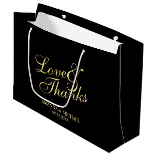 'Love & Thanks' Black & Gold Elegant Wedding Favor Large Gift Bag