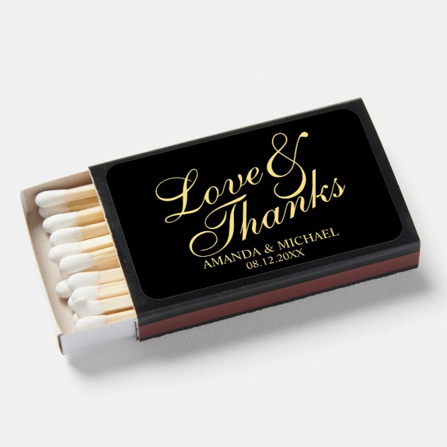 'Love & Thanks' Black & Gold Elegant Wedding Favor Matchboxes (Front Open)