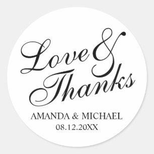 'Love & Thanks' Black & White Wedding Favor Classic Round Sticker