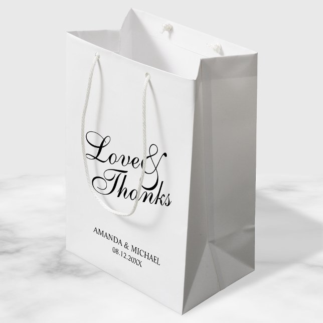 'Love & Thanks' Black & White Wedding Favor Medium Gift Bag (Creator Uploaded)