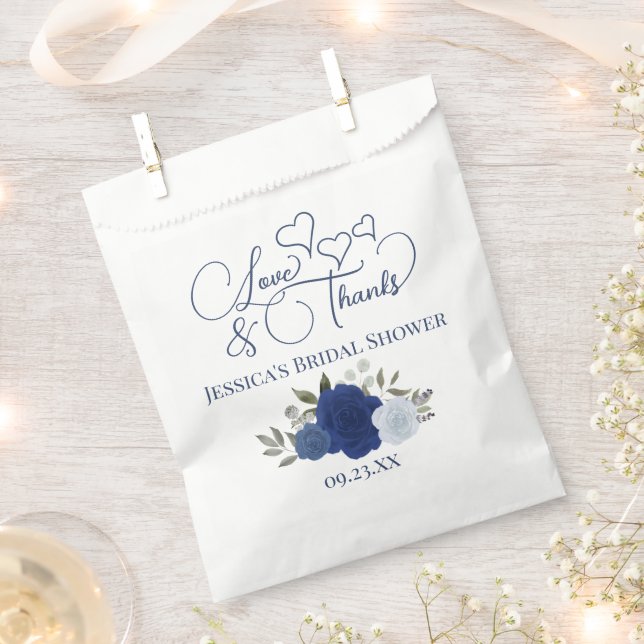 Love & Thanks Blue Boho Roses Bridal Shower Favor Bag (Clipped)